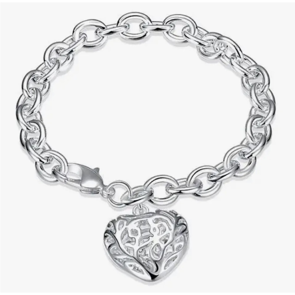 8” 925 Sterling Silver Cut Out Hollow Design Heart Dangle Charm Bracelet, New!